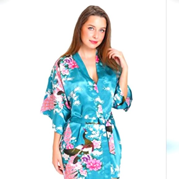 Aibrou Short Floral Blue Kimono Robe Satin With Belt Closure- XL NWT - Picture 1 of 4